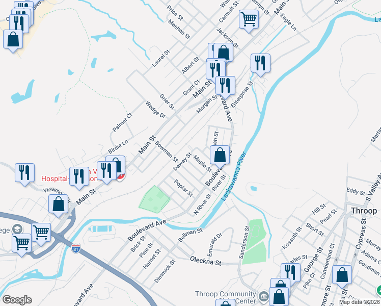 map of restaurants, bars, coffee shops, grocery stores, and more near 519 Dewey Street in Dickson City