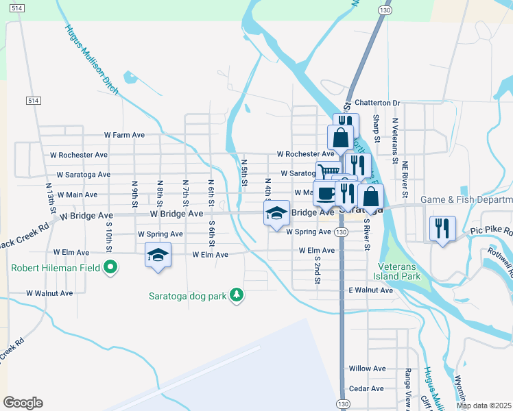 map of restaurants, bars, coffee shops, grocery stores, and more near 415 West Main Avenue in Saratoga