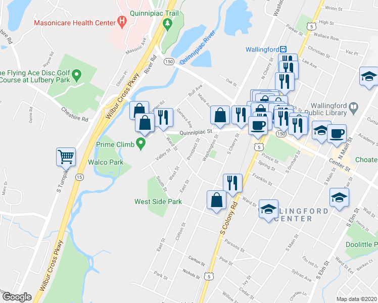 map of restaurants, bars, coffee shops, grocery stores, and more near 10 Valley Street in Wallingford