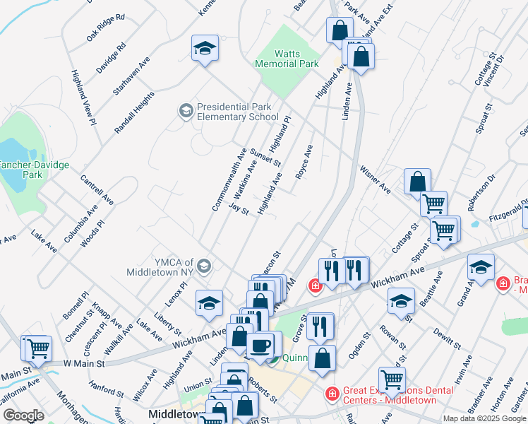 map of restaurants, bars, coffee shops, grocery stores, and more near 147 Highland Avenue in Middletown
