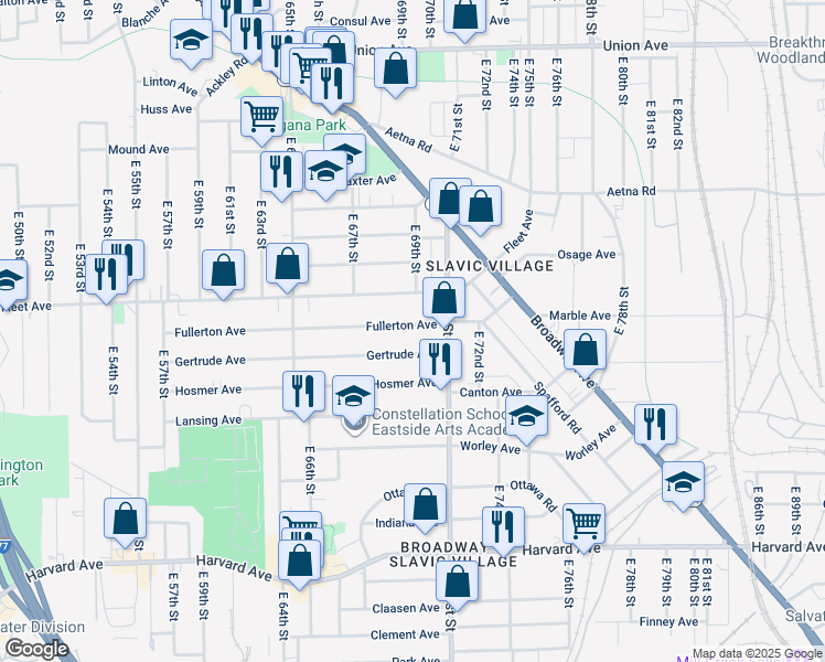 map of restaurants, bars, coffee shops, grocery stores, and more near 6915 Fullerton Avenue in Cleveland