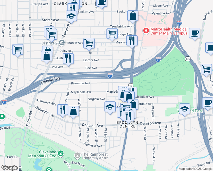 map of restaurants, bars, coffee shops, grocery stores, and more near 3224 Riverside Avenue in Cleveland