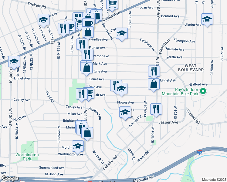 map of restaurants, bars, coffee shops, grocery stores, and more near 3568 Bosworth Road in Cleveland