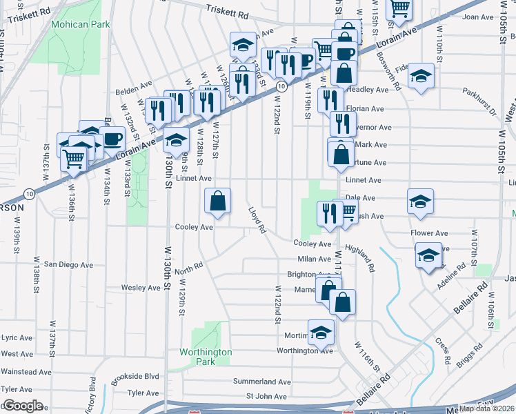 map of restaurants, bars, coffee shops, grocery stores, and more near 3574 West 123rd Street in Cleveland