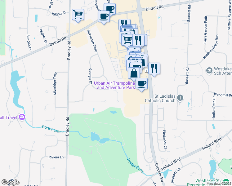 map of restaurants, bars, coffee shops, grocery stores, and more near 2335 Georgia Drive in Westlake