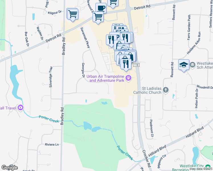 map of restaurants, bars, coffee shops, grocery stores, and more near 2335 Georgia Drive in Westlake