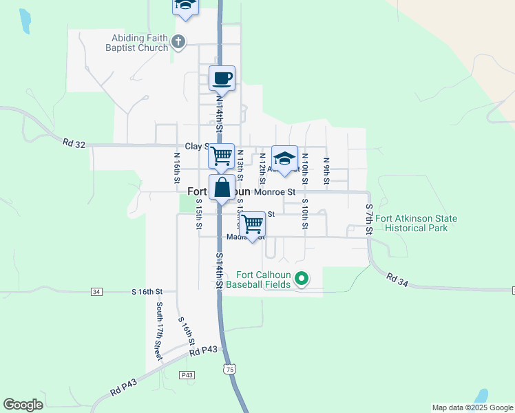 map of restaurants, bars, coffee shops, grocery stores, and more near 1205 Monroe Street in Fort Calhoun