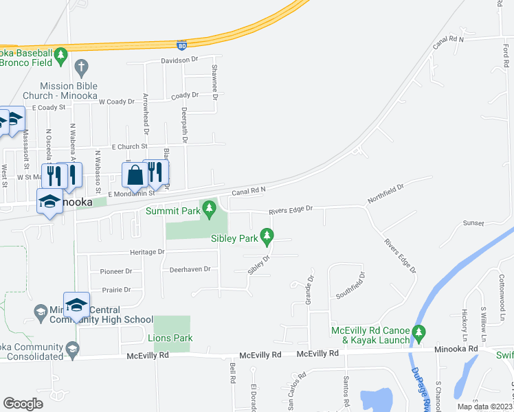 map of restaurants, bars, coffee shops, grocery stores, and more near 307 Rivers Edge Drive in Minooka