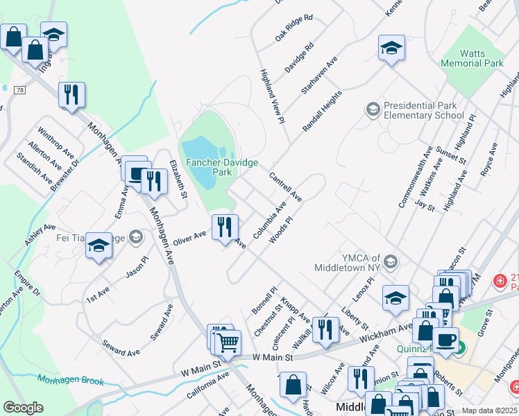 map of restaurants, bars, coffee shops, grocery stores, and more near 17 Winchester Avenue in Middletown