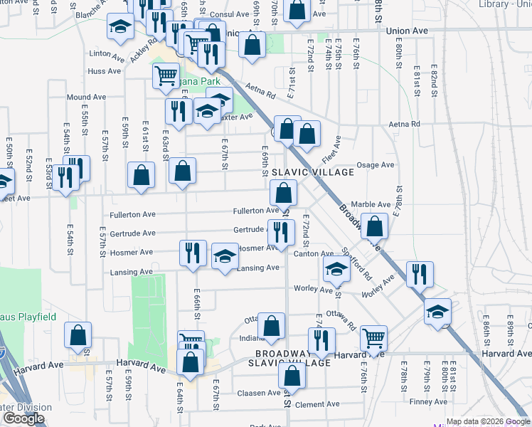map of restaurants, bars, coffee shops, grocery stores, and more near 6924 Fullerton Avenue in Cleveland