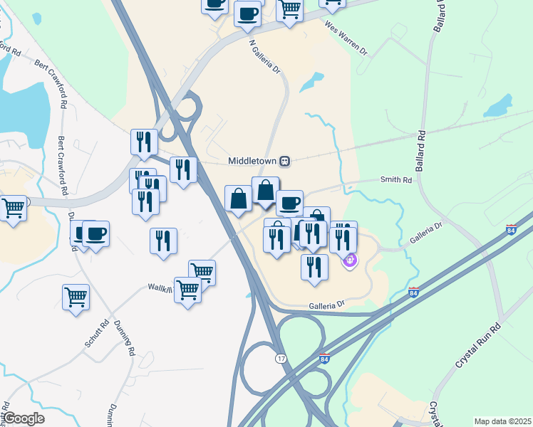 map of restaurants, bars, coffee shops, grocery stores, and more near 1 North Galleria Drive in Middletown