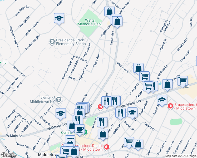 map of restaurants, bars, coffee shops, grocery stores, and more near 137-139 Linden Avenue in Middletown