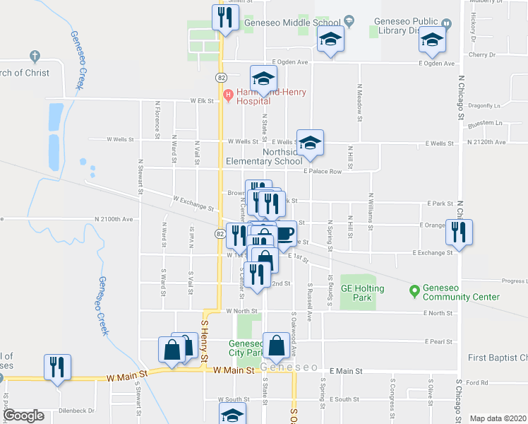 map of restaurants, bars, coffee shops, grocery stores, and more near 231 North State Street in Geneseo