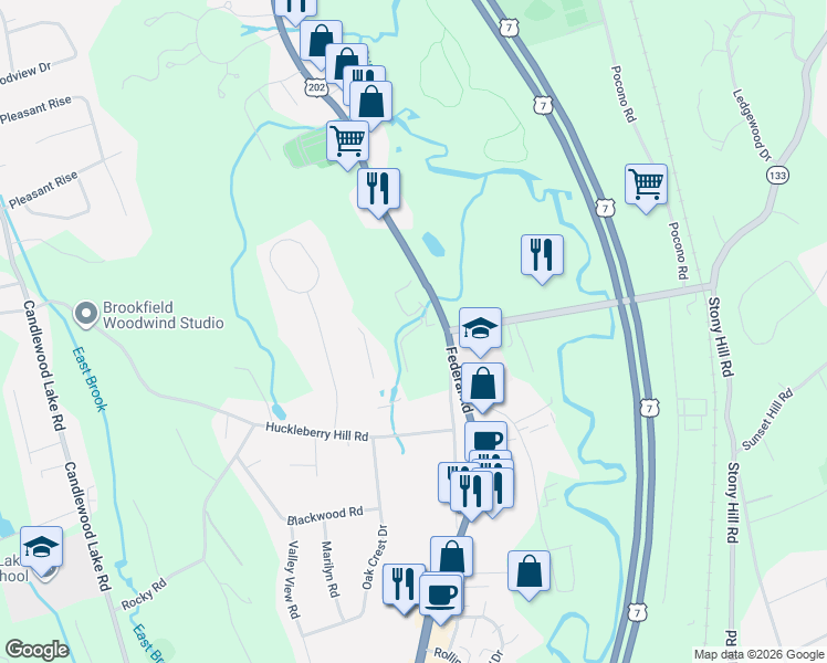 map of restaurants, bars, coffee shops, grocery stores, and more near 398 Federal Road in Brookfield