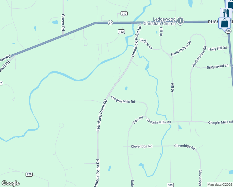 map of restaurants, bars, coffee shops, grocery stores, and more near 15157 Hemlock Point Road in Chagrin Falls