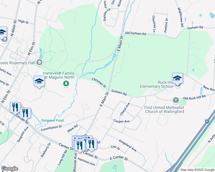 map of restaurants, bars, coffee shops, grocery stores, and more near 200 East Main Street in Wallingford
