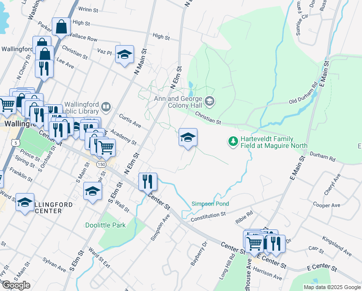 map of restaurants, bars, coffee shops, grocery stores, and more near 85 North Elm Street in Wallingford