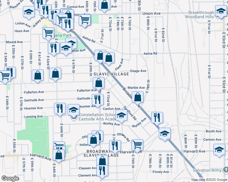 map of restaurants, bars, coffee shops, grocery stores, and more near 7205 Fullerton Avenue in Cleveland