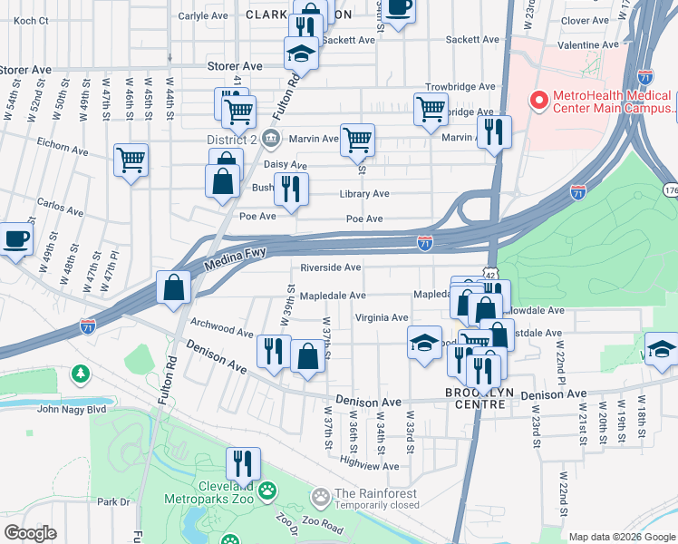 map of restaurants, bars, coffee shops, grocery stores, and more near 3518 Riverside Avenue in Cleveland