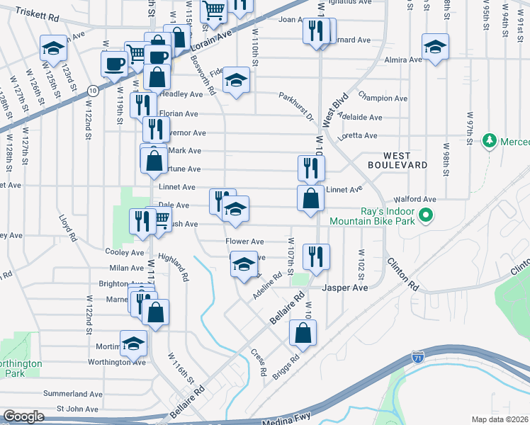 map of restaurants, bars, coffee shops, grocery stores, and more near 10822 Dale Avenue in Cleveland