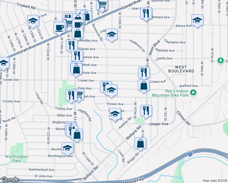 map of restaurants, bars, coffee shops, grocery stores, and more near 11020 Dale Avenue in Cleveland