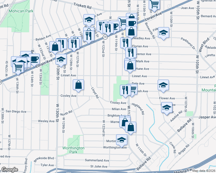 map of restaurants, bars, coffee shops, grocery stores, and more near 3579 West 122nd Street in Cleveland