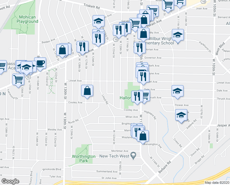 map of restaurants, bars, coffee shops, grocery stores, and more near 3579 West 122nd Street in Cleveland