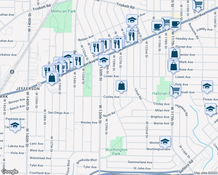 map of restaurants, bars, coffee shops, grocery stores, and more near 3565 West 129th Street in Cleveland