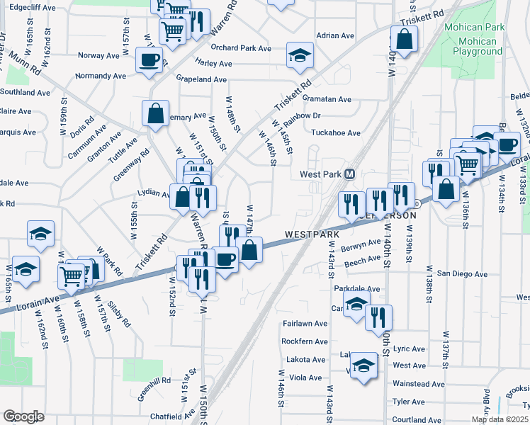 map of restaurants, bars, coffee shops, grocery stores, and more near 3581 West 147th Street in Cleveland