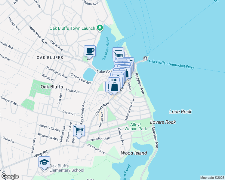 map of restaurants, bars, coffee shops, grocery stores, and more near 1 Pease Avenue in Edgartown