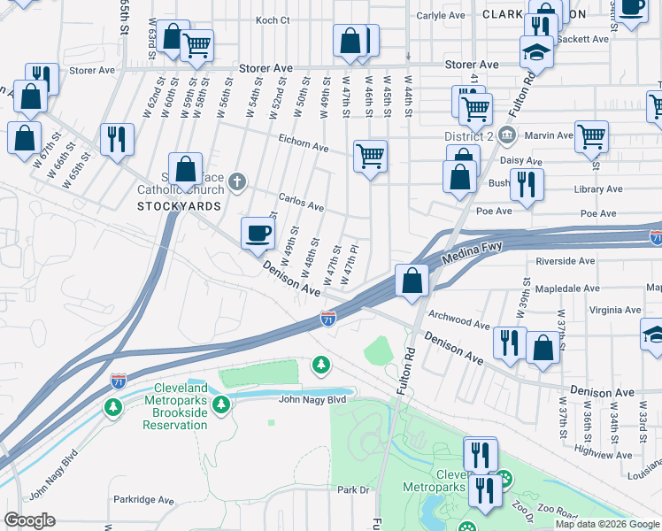 map of restaurants, bars, coffee shops, grocery stores, and more near 3630 West 47th Street in Cleveland