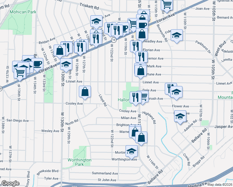 map of restaurants, bars, coffee shops, grocery stores, and more near 3579 West 122nd Street in Cleveland