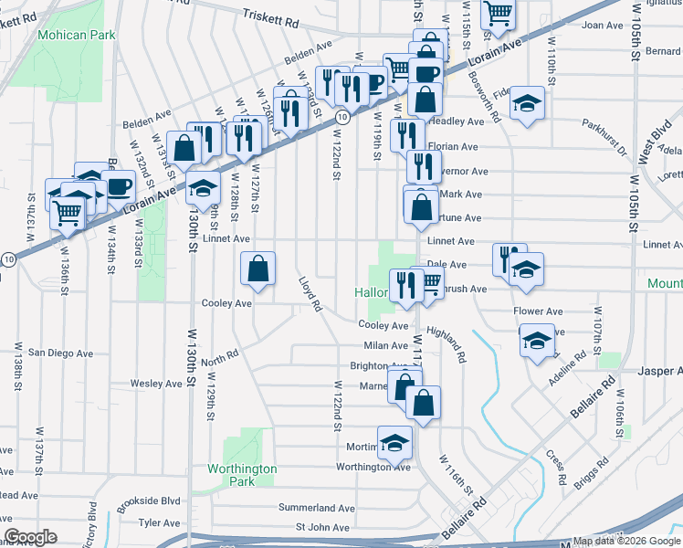 map of restaurants, bars, coffee shops, grocery stores, and more near 3579 West 122nd Street in Cleveland