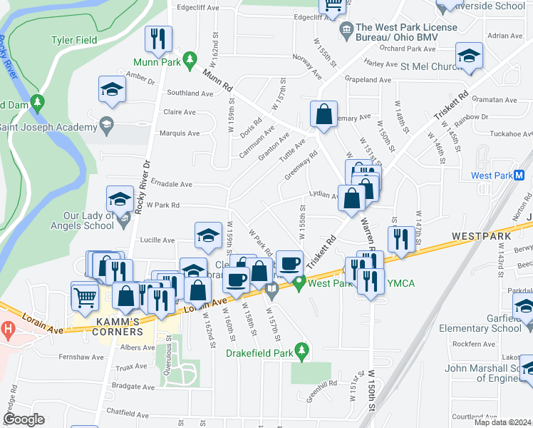 map of restaurants, bars, coffee shops, grocery stores, and more near 3610 Rockport Avenue in Cleveland
