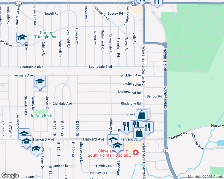map of restaurants, bars, coffee shops, grocery stores, and more near 19808 Lanbury Avenue in Warrensville Heights