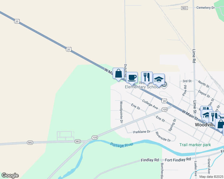map of restaurants, bars, coffee shops, grocery stores, and more near 530 Woodpointe Drive in Woodville