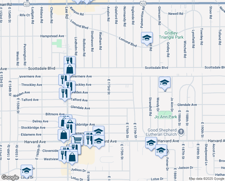 map of restaurants, bars, coffee shops, grocery stores, and more near 17311 Walden Avenue in Cleveland