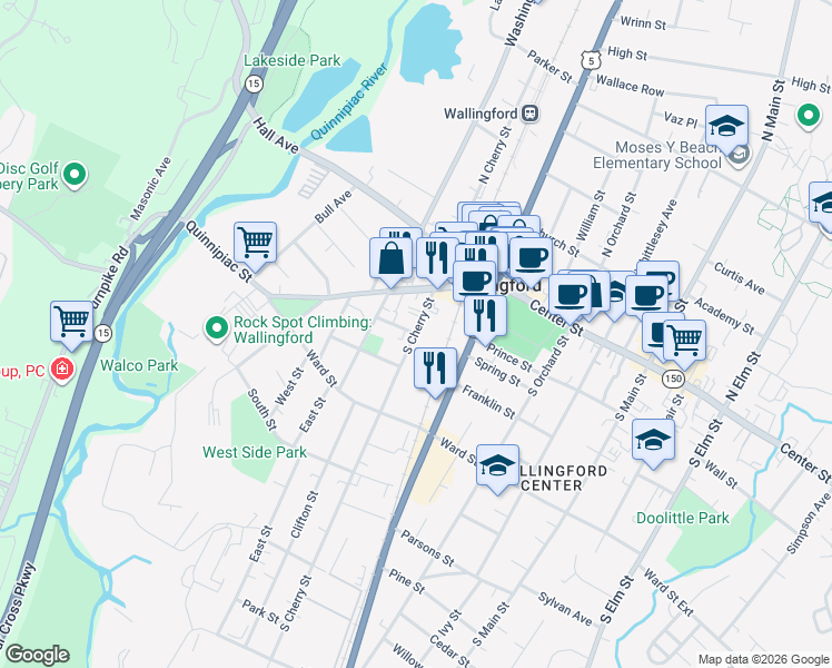 map of restaurants, bars, coffee shops, grocery stores, and more near 40 South Cherry Street in Wallingford