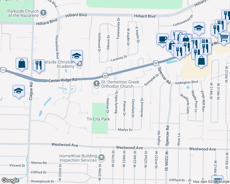 map of restaurants, bars, coffee shops, grocery stores, and more near 22666 Briscoe Drive in Rocky River