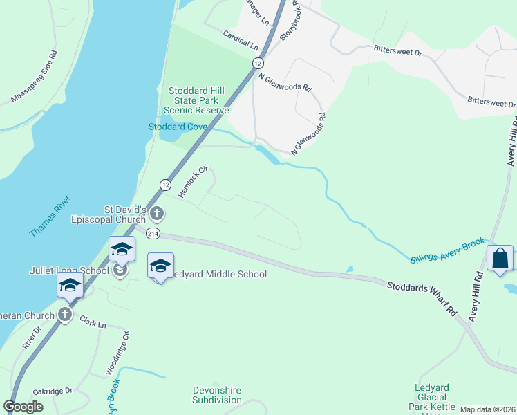 map of restaurants, bars, coffee shops, grocery stores, and more near 18 Overlook Road in Ledyard