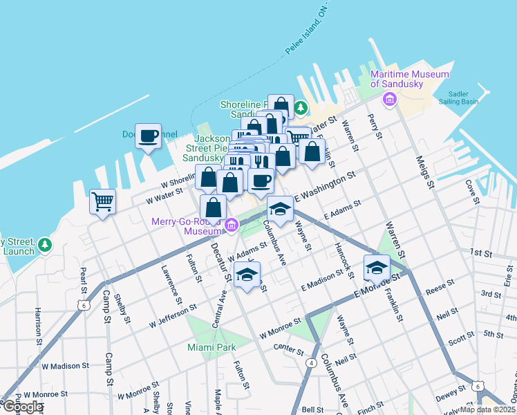 map of restaurants, bars, coffee shops, grocery stores, and more near 102 West Washington Row in Sandusky