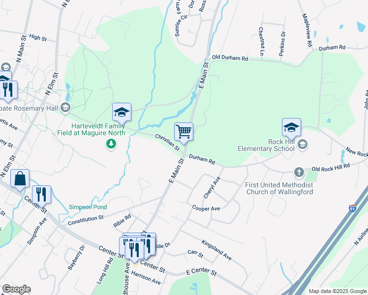 map of restaurants, bars, coffee shops, grocery stores, and more near 200 East Main Street in Wallingford