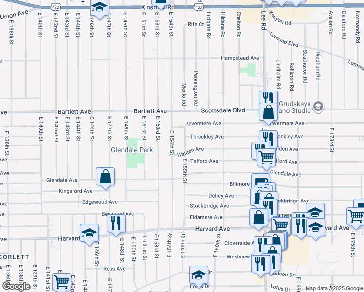map of restaurants, bars, coffee shops, grocery stores, and more near 3828 East 155th Street in Cleveland