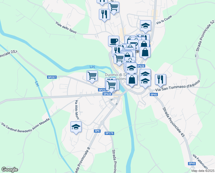 map of restaurants, bars, coffee shops, grocery stores, and more near 23 Via Arena in Pontecorvo