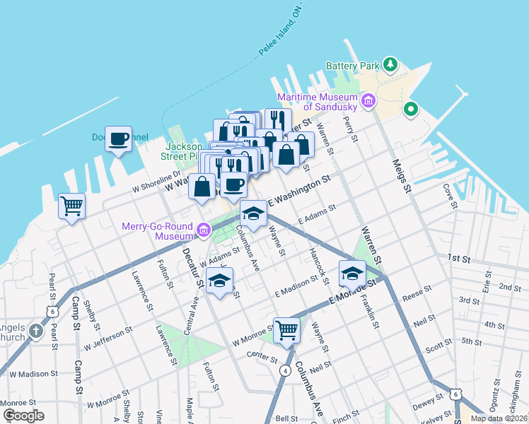 map of restaurants, bars, coffee shops, grocery stores, and more near 218 Washington Court in Sandusky