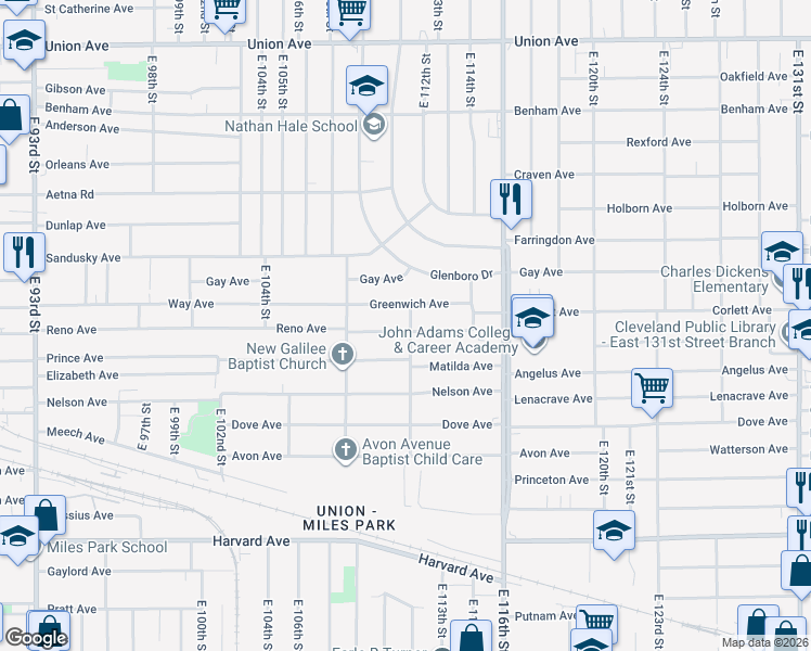 map of restaurants, bars, coffee shops, grocery stores, and more near 11214 Greenwich Avenue in Cleveland