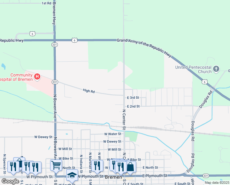 map of restaurants, bars, coffee shops, grocery stores, and more near 108 West 4th Street in Bremen
