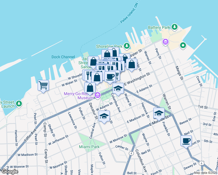 map of restaurants, bars, coffee shops, grocery stores, and more near 102 West Washington Row in Sandusky