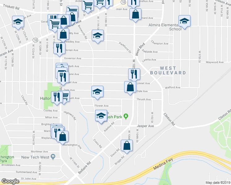 map of restaurants, bars, coffee shops, grocery stores, and more near 10801 Dale Avenue in Cleveland