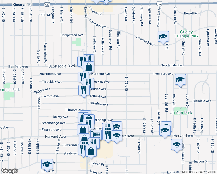 map of restaurants, bars, coffee shops, grocery stores, and more near 17008 Throckley Avenue in Cleveland